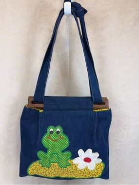Vintage 1970s Handmade Denim Frog Tote Bag Wood Handles Appliqué Purse Boho